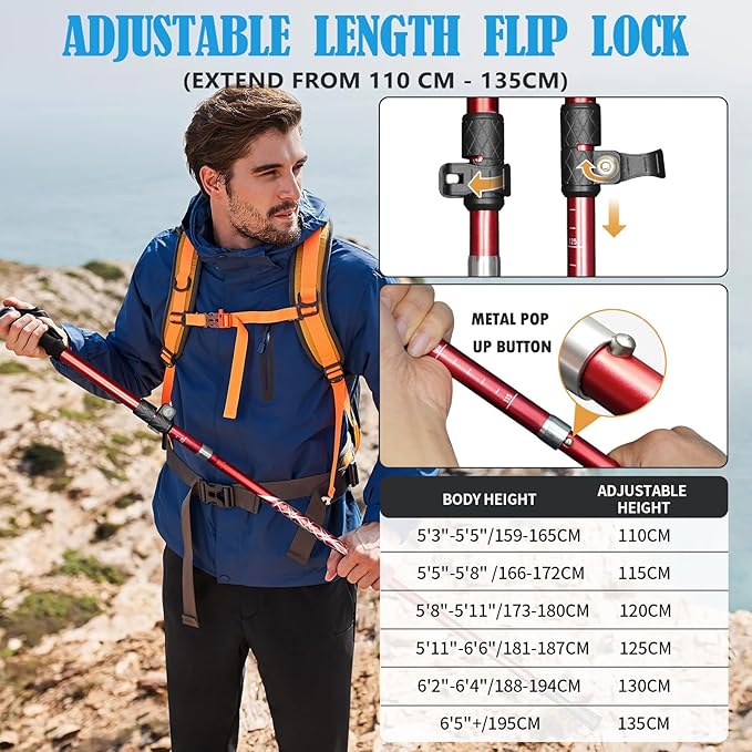 Deepfeel Collapsible Trekking Poles Folding Hiking Poles, Adjustable Height, Lightweight Aluminum Alloy Walking Sticks for Men & Women 2 Packs