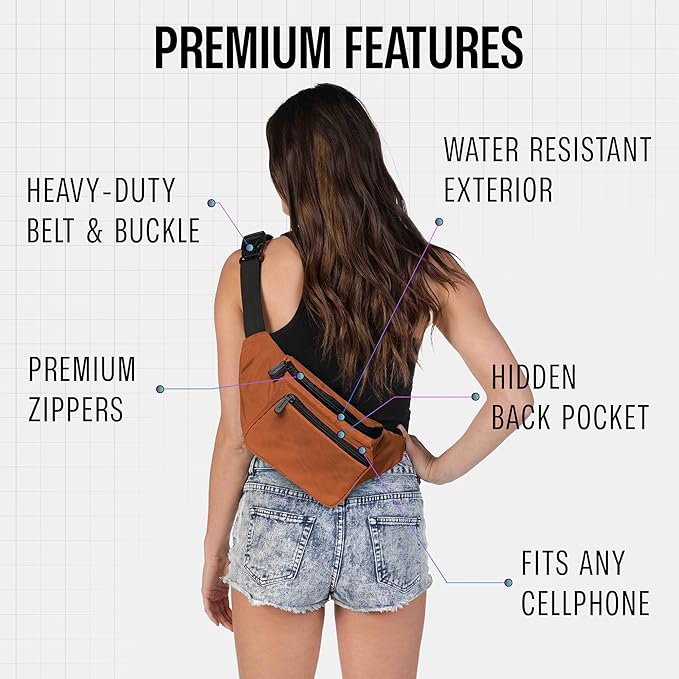 Brown Fanny Pack Belt bag - Crossbody Waist Bag for Men or Women - Hands-Free, Waterproof Large Bumbag for Hiking, Running, and Travel