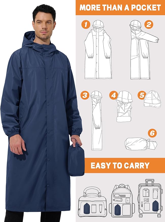 UIQUR Men's Rain Jacket Lightweight Long Raincoat Hood Rain Poncho Waterproof Windbreaker Cycling Running Hiking Packable
