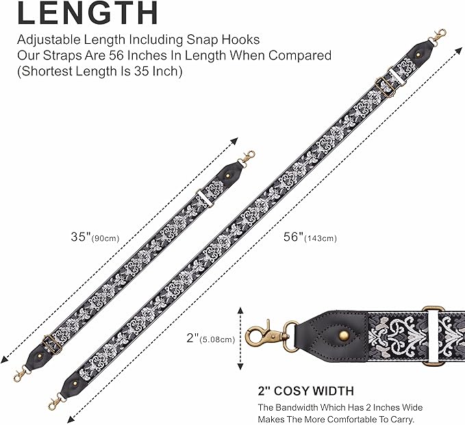 Nefelibata Purse Strap-2"Crazy Horse Leather Bag Strap Adjustable Replacement,Retro Jacquard Embroidery Crossbody Straps