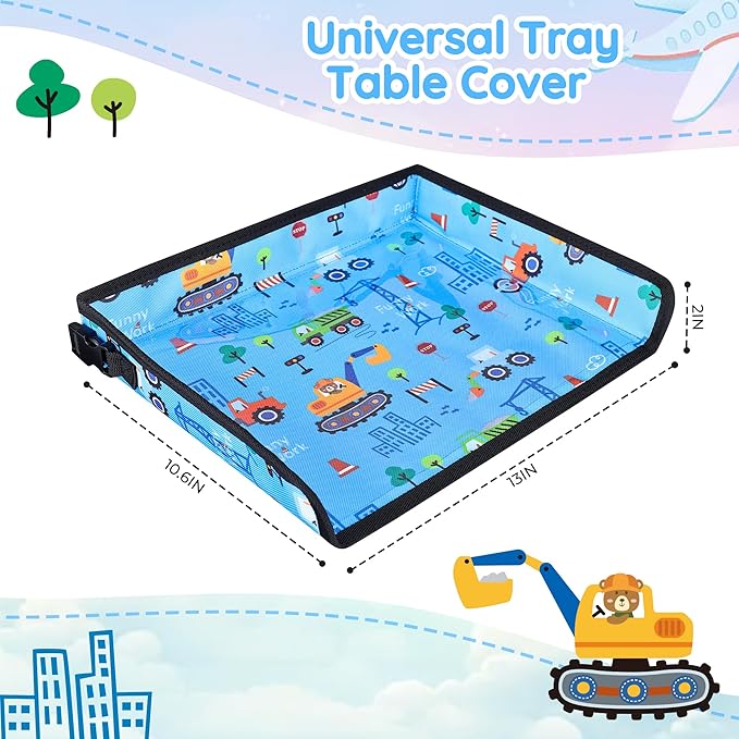 Kids Travel Tray Table Cover with Pockets – Toddler Airplane Essentials for Plane, Train, Car & Highchair, Portable Activity Board with Tablet Holder & Storage (Light Blue)