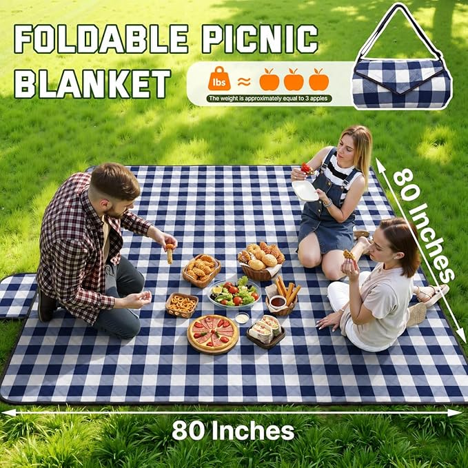 TigeJoy Extra Large Picnic Blanket Waterproof Foldable 80''x118'', Outdoor Picnic Mat Beach Blanket Sandproof for Park, Grass, Travel, Hiking, Camping Essentials, Gingham Picnic Blanket