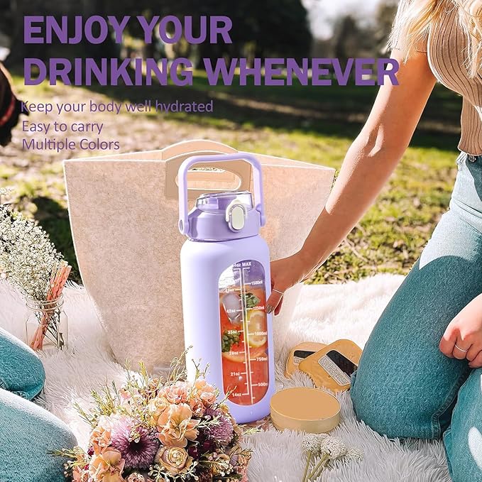64oz Glass Water Bottles with Straw, Half Gallon Motivational Glass Bottle with Silicone Sleeve and Time Marker, 2L Leakproof Large Glass Water Jug for Gym Home Office, Purple