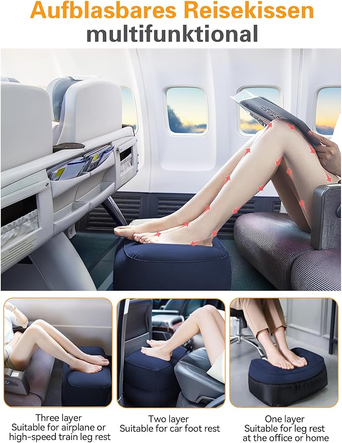 Sunany Inflatable Foot Rest Pillow for Travel, Kids/Adults Airplane Travel Pillow-Adjustable Height for Kids to Sleep While Traveling,Suitable for Airplane, Office, Home, Cars and Any Travel（Blue）