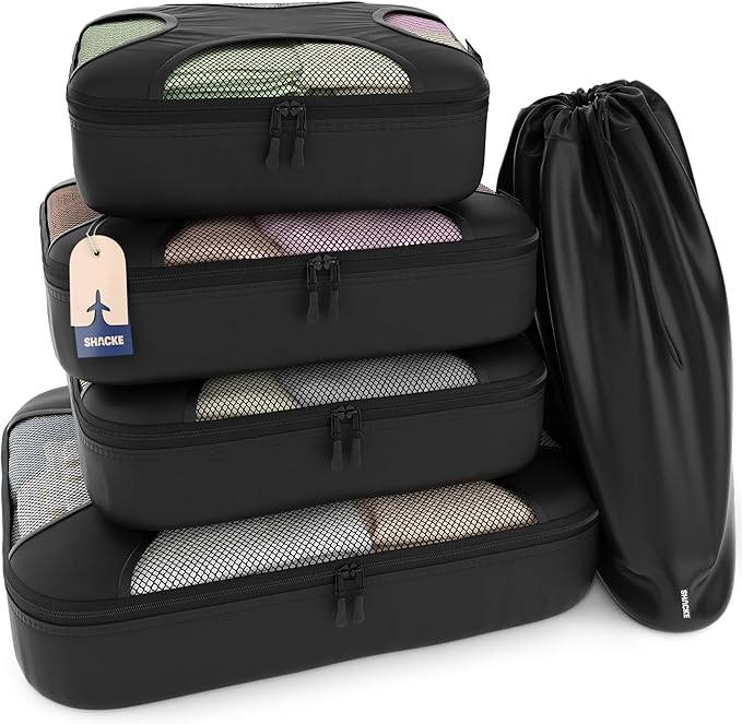 Shacke 5 Set Packing Cubes for Travel – Luggage Organizer & Suitcase Bags with Laundry Bag, Carry On Packing Organizer, Travel Accessories for Women Men (Pure Black)