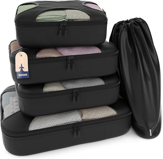 Shacke 5 Set Packing Cubes for Travel – Luggage Organizer & Suitcase Bags with Laundry Bag, Carry On Packing Organizer, Travel Accessories for Women Men (Pure Black)
