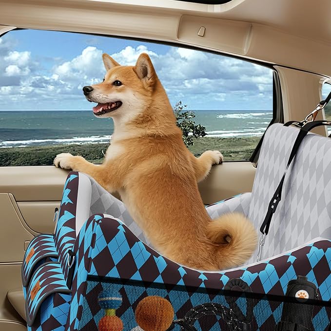 Dog Car Seat for Small/Medium Dogs up to 35lbs, 4-Pocket Storage Memory Foam Dog Booster Seat, Detachable Washable Pet Car Seat with Safety Belt, Outdoor & Indoor Use (Light Blue/Coffee)