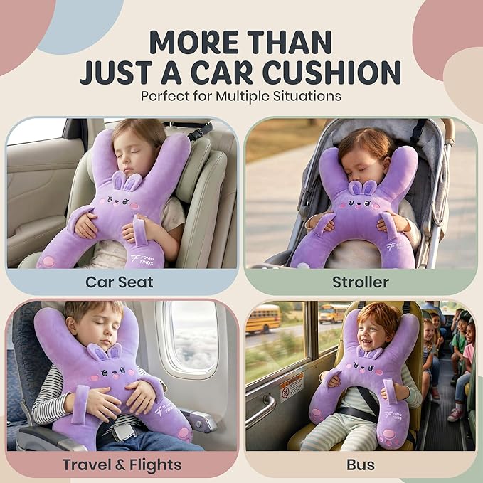 Kids Car Sleeping Pillow - H-Shaped for Neck & Back Support - Hands & Seat Belt Slot - Machine Washable & Compressible - Perfect for Car, Plane, Train, Boat & More - Purple