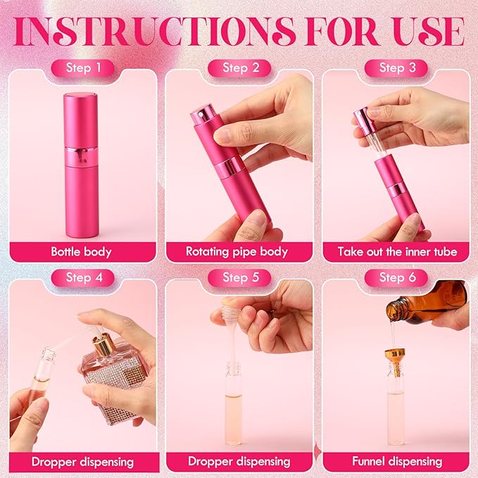 Honeydak 16 Pack 8 ml Refillable Perfume Atomizer Mini Refillable Spray Travel Bottles Empty Cologne Sprayer Portable Fragrance Atomizer with Funnel, Dispenser, Pipettes, Bag(Red,Pink,Purple,Rose Red)