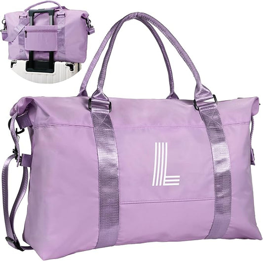 Initial Travel Duffel Bag, Sports Gym Bag, Personalized Weekender Bag with Shoulder Strap, Graduation Gift Monogram Overnight Bag for Women with Trolley Sleeve & Wet Pocket, Purple