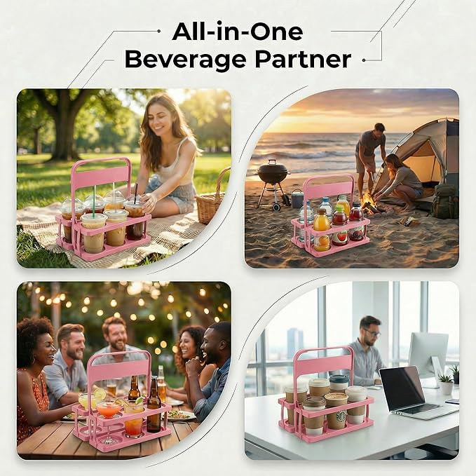 6 Cup Drink Carrier for Delivery - Foldable Drink Holder with Handle, Reusable Cup Carrier for Drinks, Portable Beverage Caddy Accessories for Parties, Camping, Car, Coffee & Bottles (Pink)