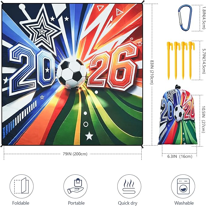 HIHOHO Soccer Blanket Waterproof Sandproof Beach Mat for 1-4 Adults Soccer Fans Quick Drying Durable Outdoor Picnic Mat Gift for Sports Event Travel Beach (Soccer Blanket 2026, 79"×83"(4 Person))