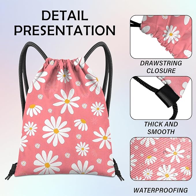 Drawstring Backpack for String Bag Waterproof Cute Sports Beach Swimming Travel (13"×17")-Daisy