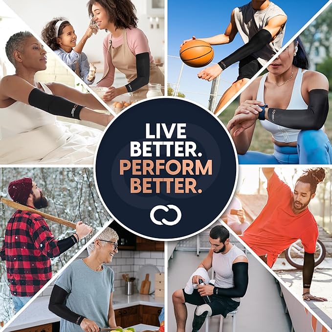 Copper Compression Arm Sleeve - Copper Infused Full Arm Brace for Forearm, Bicep, Triceps - Tennis Elbow, Basketball, Golf, Arthritis, Tendonitis, Bursitis, Post Surgery Rehab - Odor Resistant - Black - L