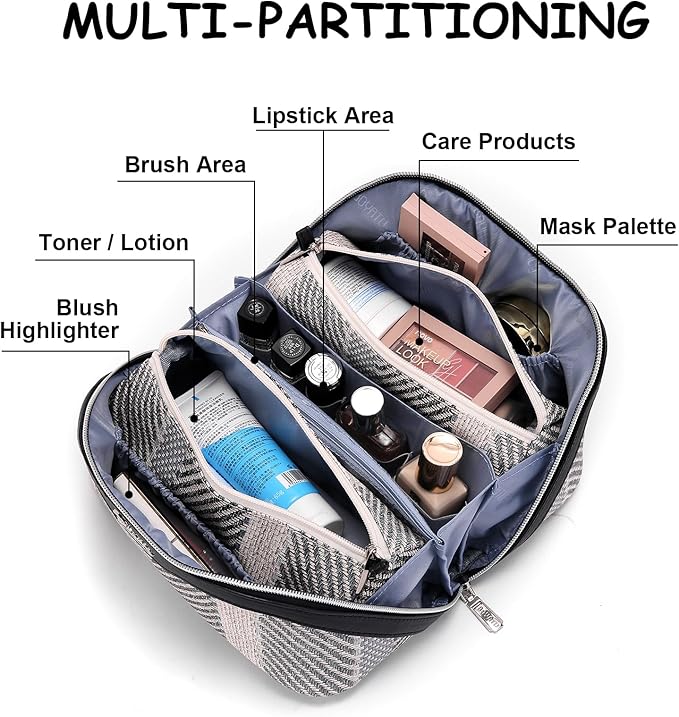 BOYATU Travel Makeup Bag Cosmetic Bag for Women: 3 Pcs Set Make up Bag with Compartments - Waterproof Vegan Leather Toiletry Bags with Handle - Makeup Organizer for Travel Essentials(C-4-Black)
