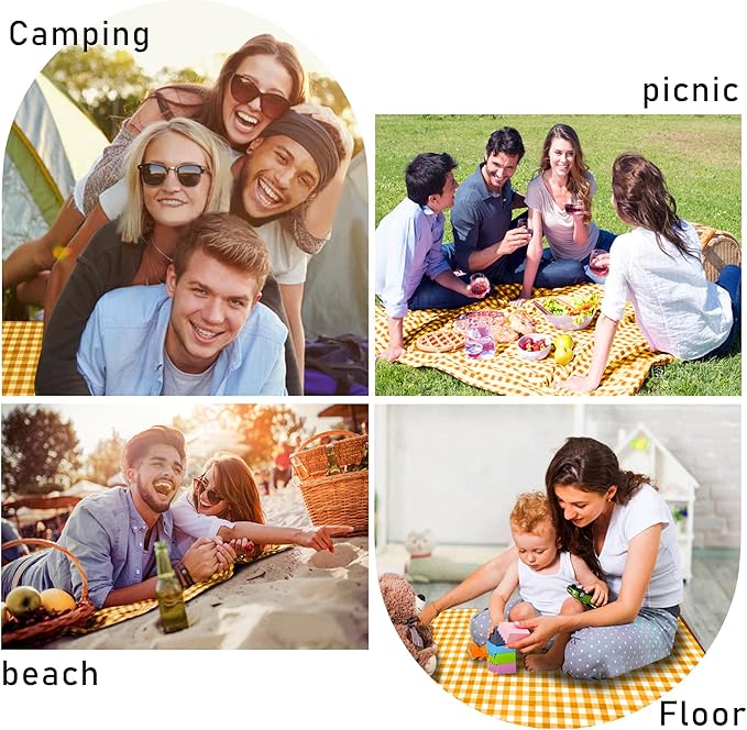SAMSIER Outdoor Picnic Blankets Waterproof Foldable Sandproof, Large Gingham Cute Picnic Mat Washable Portable for Park Beach Camping Courtyard (Yellow, 60"×80")