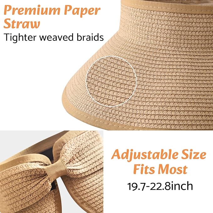 NPQQUAN Sun Visor Hats for Women Wide Brim Ponytail Straw Beach Hat Packable Foldable UPF 50+ Floppy Travel Hats