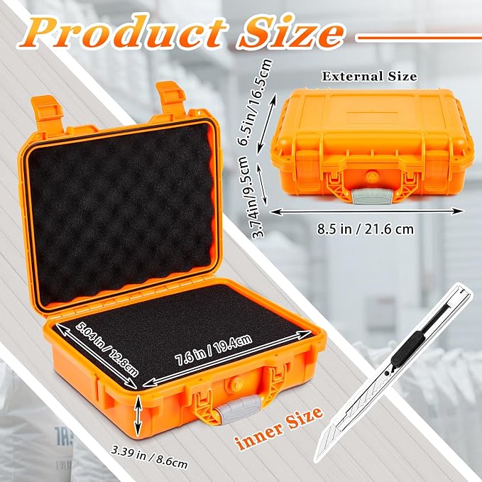 Relaxweex 1 Pcs Waterproof Hard Case with DIY Customizable Foam Insert Portable Protective Case with Knife for Camera Drones Equipments Tools Test Instruments(Orange,8.5 x 6.5 x 3.7 Inch)