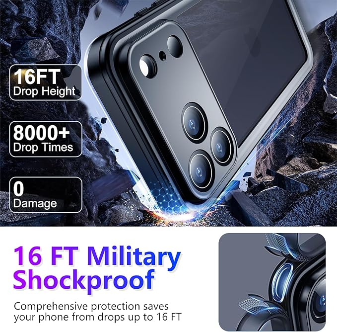 Compatible with iPhone 17 Pro Case,Waterproof Built-in Screen & Camera Protector IP68 Underwater Full Body 17FT Military Dropproof Shockproof Phone Case 6.3"-Black/Clear