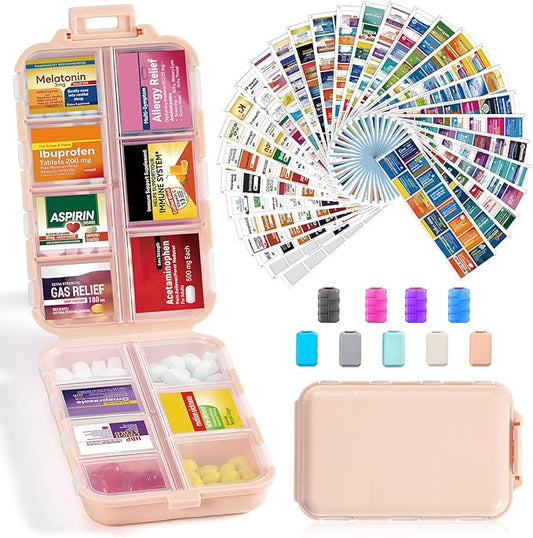 14 Grids Travel Pill Organizer Box with 415-Pcs Medicine Name Labels - Pocket Daily Pharmacy Case Container Kit - Travel Medication Holder Dispenser for Fish Oil Vitamin Supplement Storage - Pink