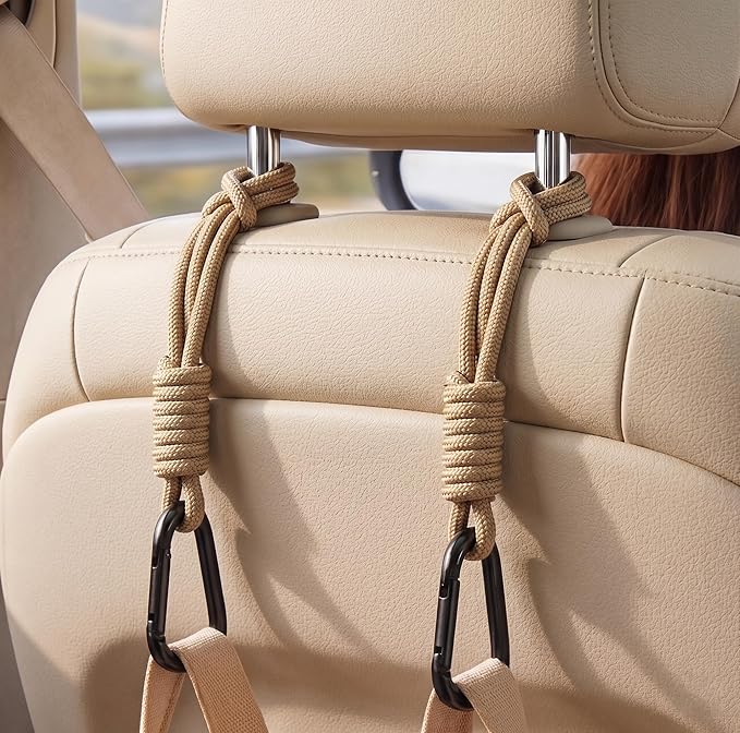 360° Rotating Car Seat Headrest Hooks, Universal Car Organizer Hooks for Bags and Groceries, Brown 2pc