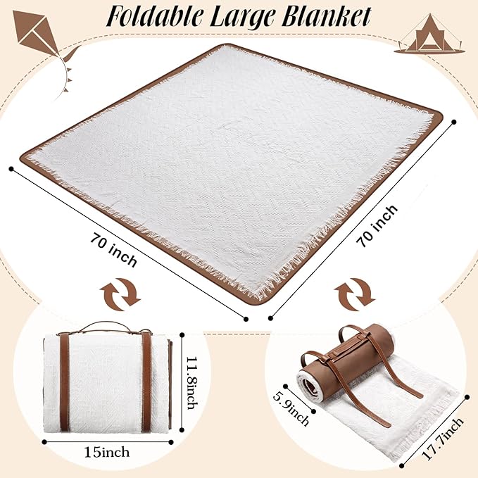 VitalCozy Waterproof Picnic Blankets 71×71 inch Outdoor Blanket Foldable 2 in 1 Double Layer Sandproof Beach Mat with Carry Strap for Camping Lawn Park Beach Grass(White)