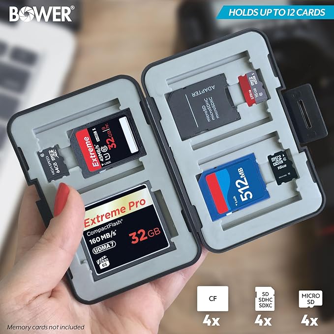 Bower Sky Capture Series Memory Card Case | Rugged Hard Plastic Exterior with Shock Absorbing Liner, Secures up to 12 Memory Cards with Snap-in Locking System for SSD/SD/Mini SDHC Flash Drive | Black