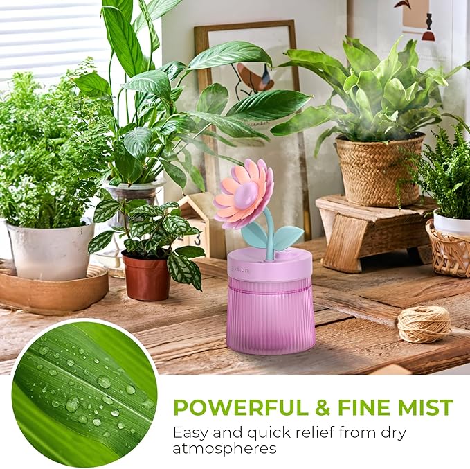 260ml Flower Mini Humidifier, Purple Sunflower Desktop Small Humidifiers, Personal Cool Mist Humidification, USB Desk Humidifier for Bedroom, Office, Travel & Indoor Plants