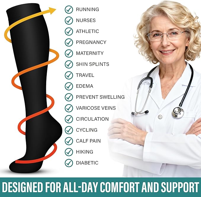 Acture 6 Pack Compression Socks for Women and Men - Knee High for Medical, Running, Nurses, Travel