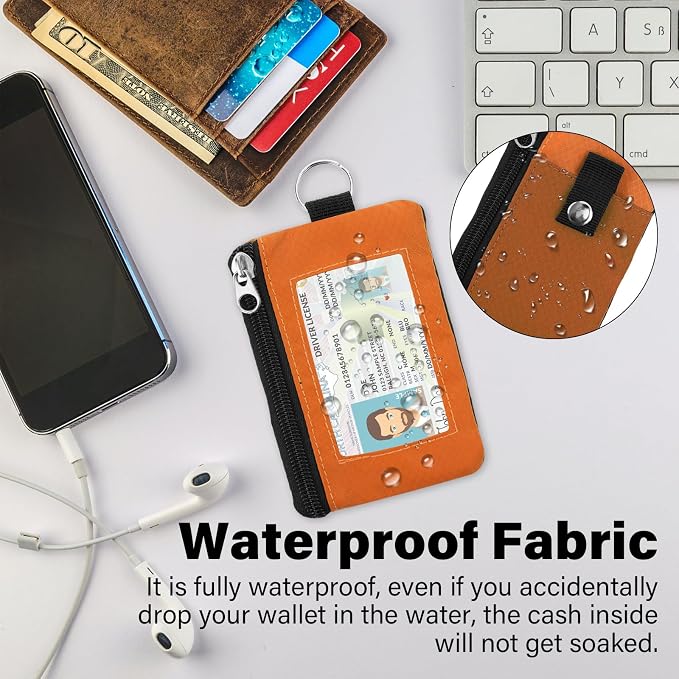 Minimalist RFID Wallet with Lanyard, Multi-Functional ID Case with 2 Zipper Pockets and Key Chain for Men and Women, Tactical Badge Pouch Cards Holder, Coin Purse for Travel Sports - Orange