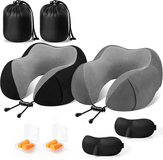 CloudBliss Travel Pillow Premium Memory Foam, Comfortable & Supportive Neck Pillow, Neck Pillows for Sleeping Travel, Airplane Pillow for Sleeping Airplane, Car, Office and Home（Black & Dark Grey）