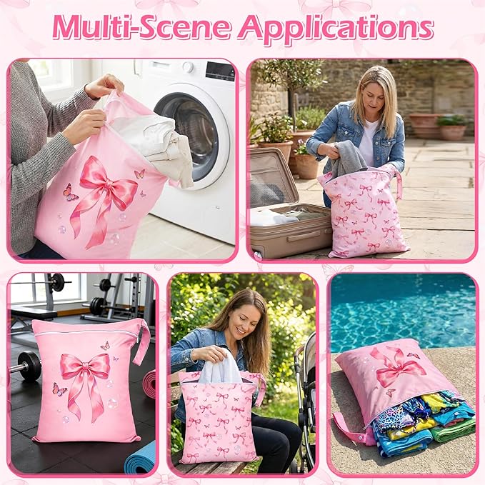 2 Pcs Large Travel Laundry Bags Waterproof Wet Dry Bag, Washable Dirty Clothes Bags for Travel，Drawstring, Bathing Suit, Workout, Gym Clothes Laundry, Swimming Pool & College Dorm, Pink Butterfly Bow