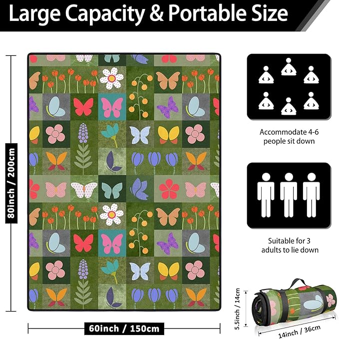 Floral Picnic Blankets Waterproof Foldable, 60″X80″ Packable Picnic Mat Butterfly Outdoor Blanket for Grass, Large Beach Blanket Sandproof Picnic Accessories for Camping Music Festival Park Lawn Party
