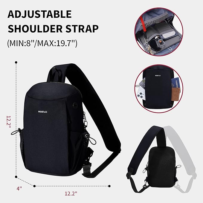 ECOHUB Sling Bag for Women Men Anti Theft Crossbody Bags Travel Purses Anti Theft Crossbody Hiking Backpacking Packs, Black
