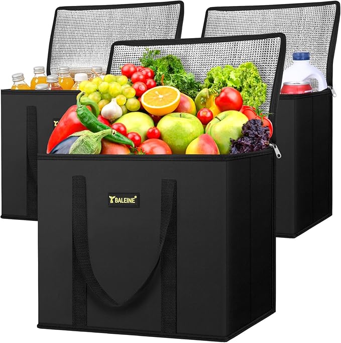 BALEINE 3Pk Insulated Reusable Grocery Bags, Foldable Shopping Bags for Groceries with Reinforced Bottom & Handles (Black)
