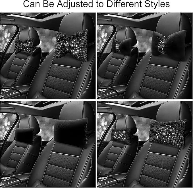 surpassme 2PCS Rhinestone Car Headrest Neck Pillow for Driving with Bling Bling Crystal Bow Pillow Car Accessories for Women (Black)