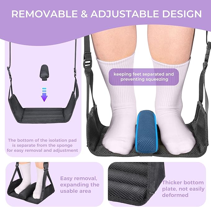 Babenest 2pcs Airplane Foot Hammock, Foldable Leg Rest Support with Adjustable Straps to Relieve Swelling, Portable Under Desk Flight Footrest Holder for Air Travel, Office & Car