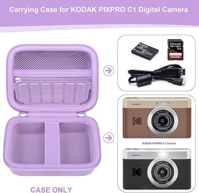 RAIALL Carrying Case for KODAK PIXPRO C1 Friendly Zoom Digital Camera, Point and Shoot Vlogging Camera Hard Travel Bag, Mesh Pocket for Charging Adapter, SD Card, USB Cable and Batteries, Purple