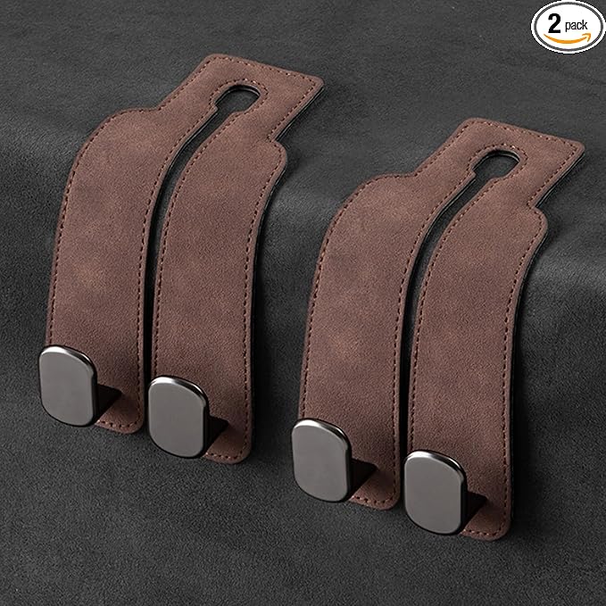 Amelity Universal Car Headrest Hooks, Women’s Car Interior Accessories for Purses Handbags Grocery & Backpacks, Brown 2 Pack