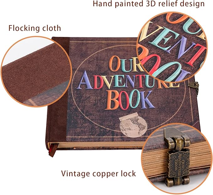 JIMBON Our Adventure Book Scrapbook Photo Album Retro Style Embossed Letter Cover Travel Diary Journal Scrap Book Kit For Couples,Memory Book For Anniversary Wedding