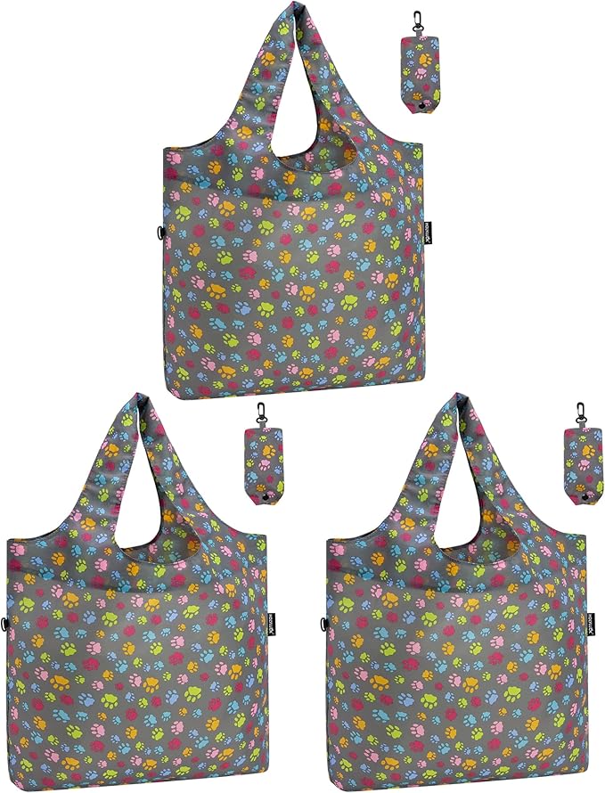 HOLYLUCK Reusable Grocery Bags,Heavy Duty Foldable Shopping Tote Bag (Standard, 3 Dog Paw Prints)