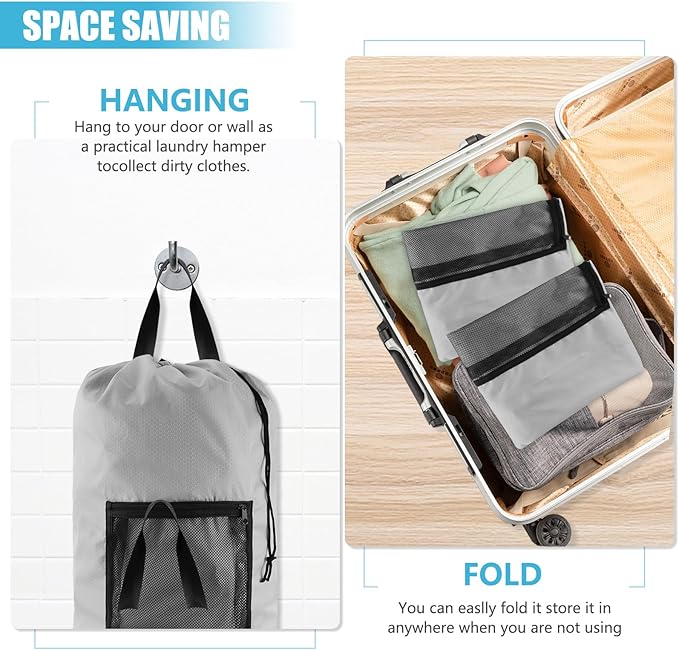 Olosar Laundry Bag Backpack, 2PCS Extra Large Travel Laundry Bag with Mesh Pocket & Adjustable Shoulder Straps,Dirty Clothes Travel Bag for College Students Dorm,Apartment(Light Gray)