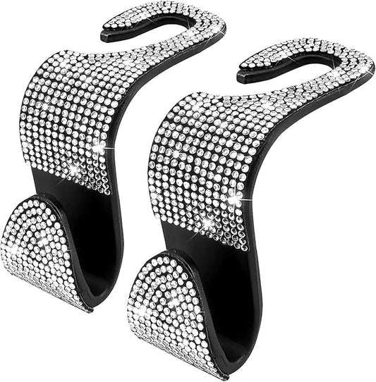 Dermasy 2 Pack Car Hooks, 2021 New Bling Rhinestones Crystal Hooks Car Decorations Auto Seat Back Organizers Strong and Durable Backseat Hanger Storage Universal for SUV Truck Vehicle (Silver)