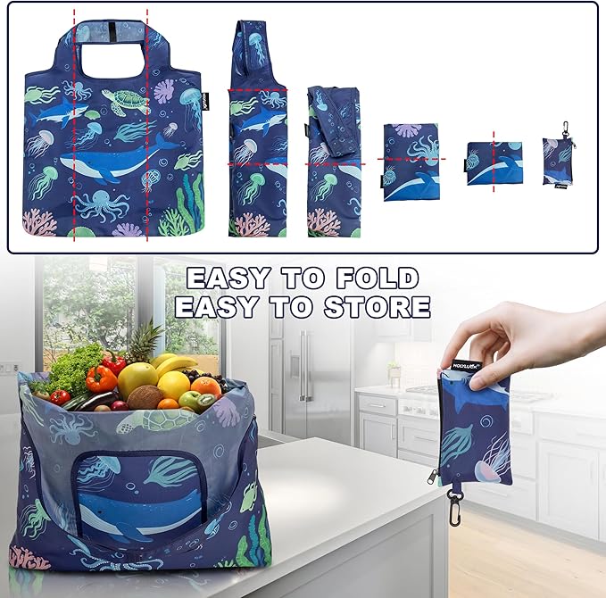 HOLYLUCK Reusable Grocery Bags,Heavy Duty Foldable Shopping Tote Bag (Standard, 3 Ocean Life)