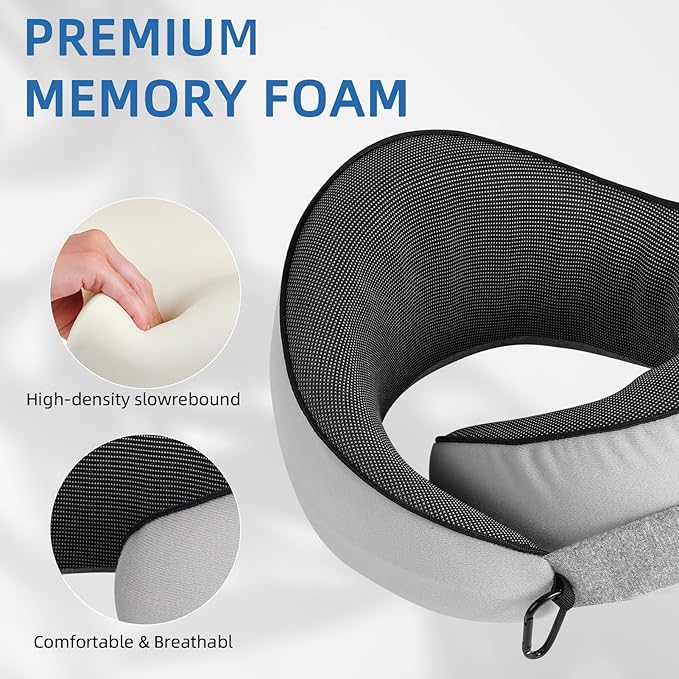 Travel Pillow, Hooded Neck Pillow Airplane for Sleeping, Memory Foam Traveling Pillow for Long Flights, Portable Plane Accessories(Light Gray)