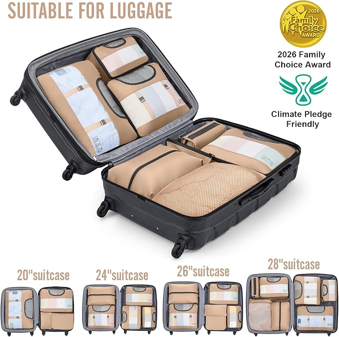 Veken 8 Set Packing Cubes for Travel Essentials,Anti-Wrinkle Buckled Suitcase Organizer for Shoe & Toiletry Bag,Carry On Luggage Bag for Airplane & College Dorm Room Accessories,Women Men Gifts