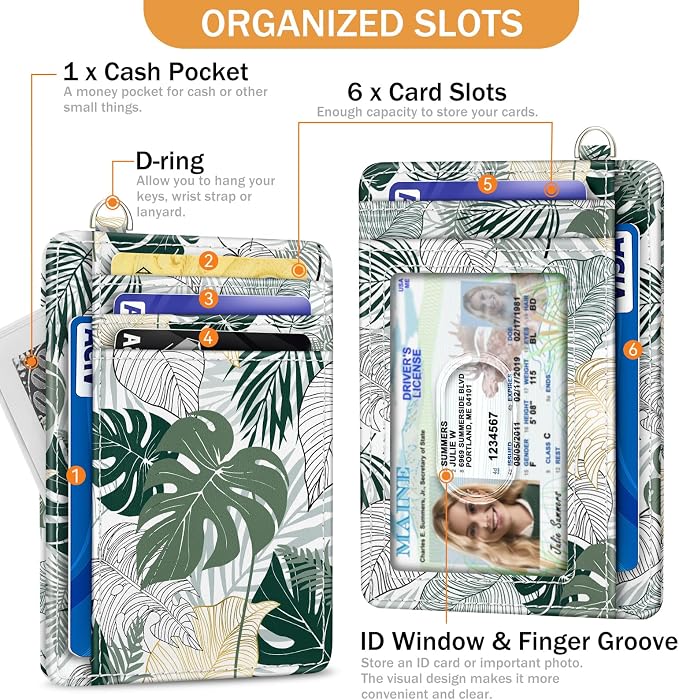Yonlevres Credit Card Holder Slim Wallet, Tropical Leaf RFID Wallet Women Front Pocket Small Card Holder, Travel Funny Cute Thin Card Case ID Window PU Leather RFID Blocking Card Organizer Gifts Girls