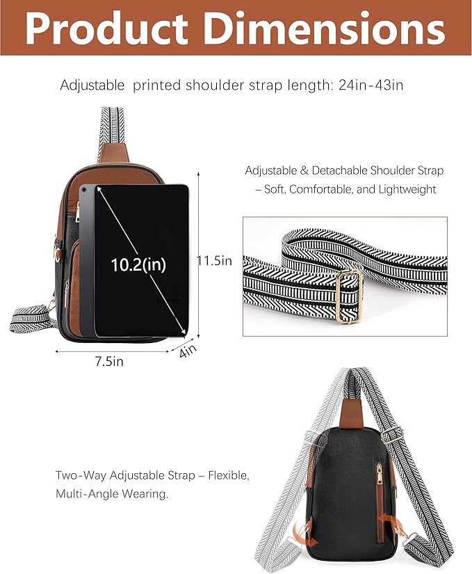 Anti Theft Crossbody Bags for Women,RFID Sling Bag Travel Purse,Vegan Leather Cross Body Purses Chest Bag for Travel(Black+Brown)