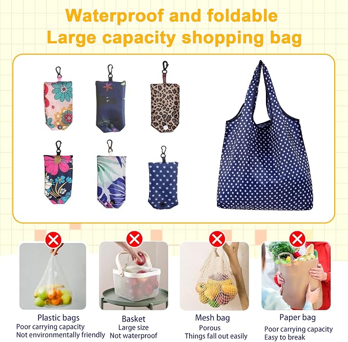 6 Pcs Reusable Shopping Bags Foldable,Grocery Bags in Pocket,Waterproof and Machine Washable,Eco-friendly Travel Recycle Polyester Tote Bags for Daily Shopping Supplies load