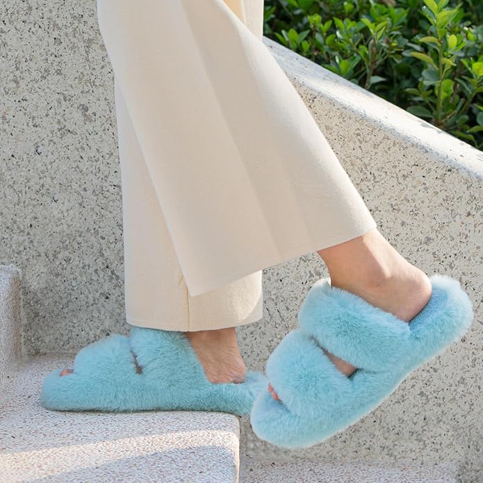 FamilyFairy Women's Fluffy Faux Fur Slippers Comfy Open Toe Two Band Slides with Fleece Lining and Rubber Sole